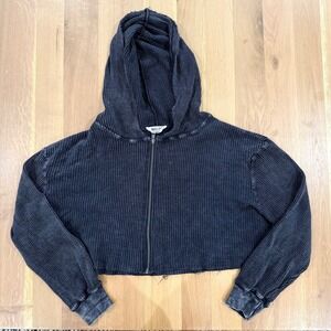 Double Zero Waffle Knit Cropped Hoodie Womens Medium Gray Mineral Wash Zip Up